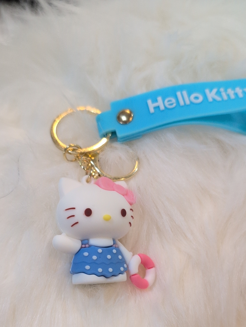 Hello Kitty White & Blue Polka Dot Dress Keychain Bag Charm with Pink Bow